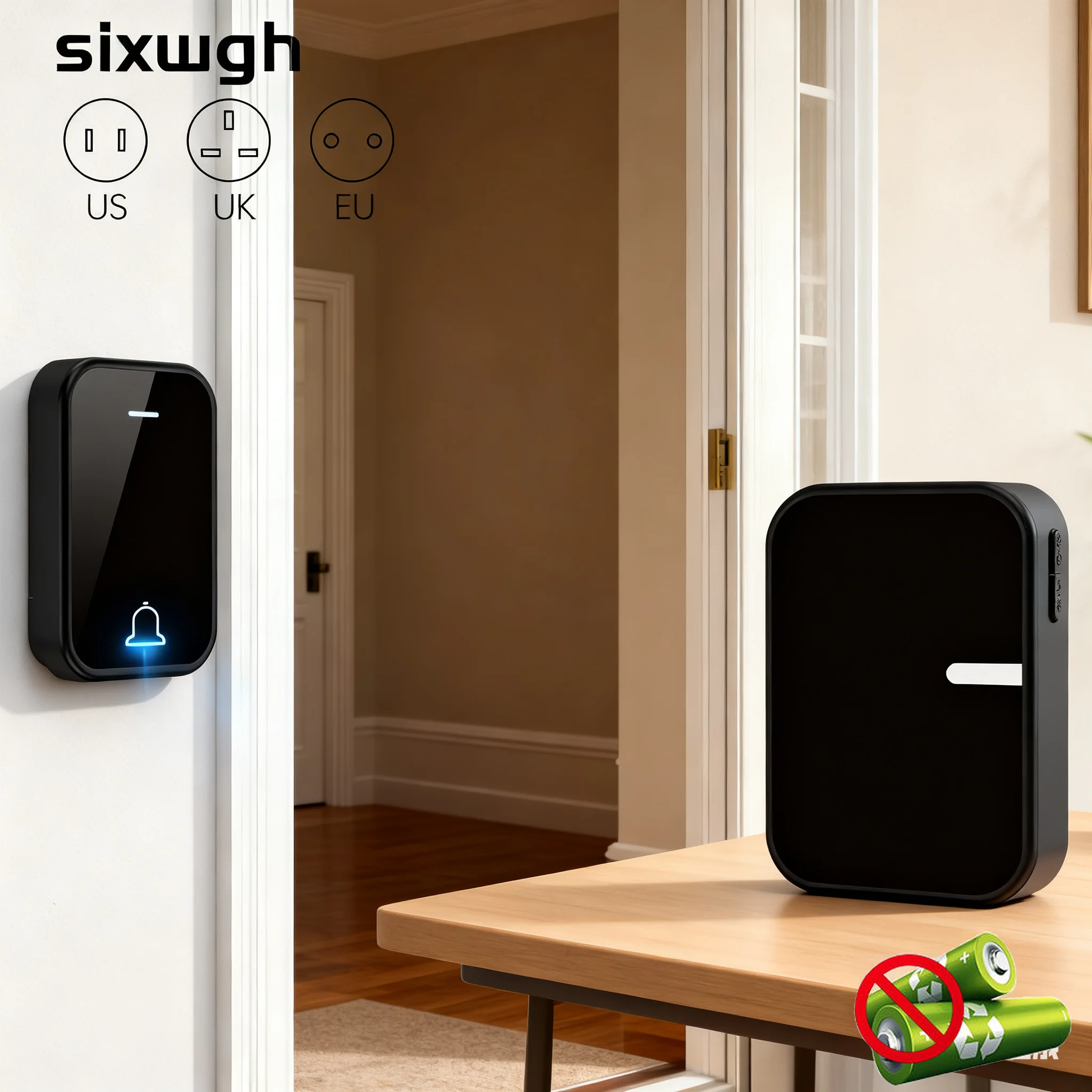 Campanello wireless certificato SIXWGH di nero Avviso impermeabile senza batteria per kit da 1 a 2 appartamenti, uffici e camere d'albergo