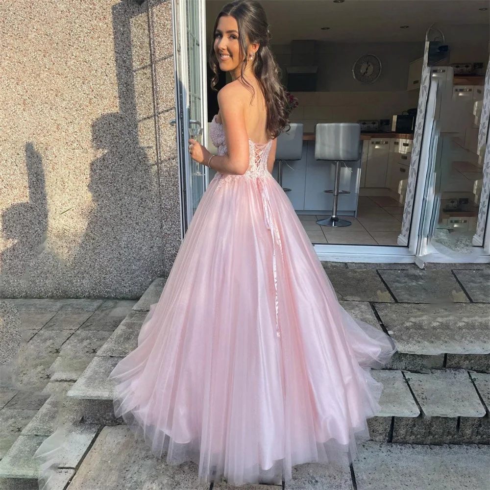 Lily Pink Net Long Party Dresses Lace Up Back Vintage Night Dresses Appliques Sweetheart Celebrity Dresses vestidos de fiesta