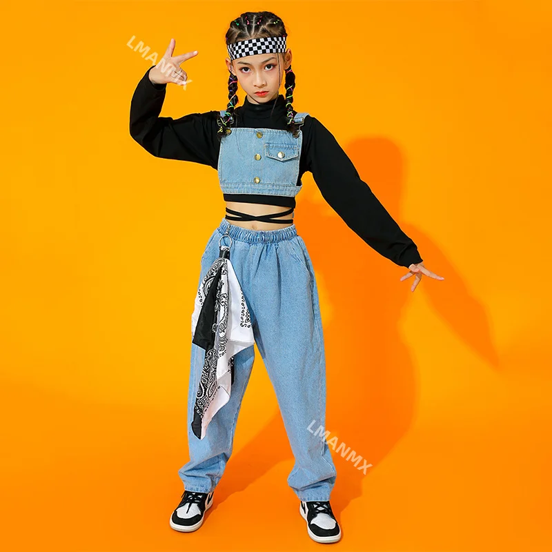 Jazz Costume Girls Hip Hop Clothes Denim Long Sleeves Performance Outfit Modern Street Dance Clothing Kids Rave Clothes