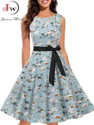 Sleeveless Floral Print Summer Dress Women Elegant Vintage Casual O Neck A Line Midi Party Sundress Vestidos With Belt
