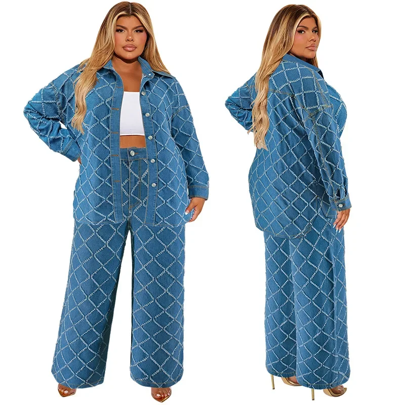 Chemisier boutonné à manches longues et pantalon large pour femme, vêtements décontractés, grande taille, mode printemps, ensemble 2 pièces