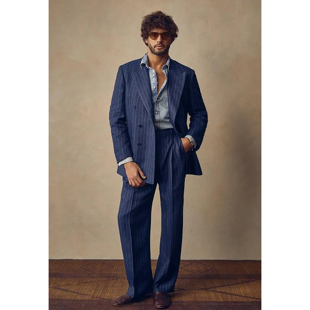 Handsome Blue Stripes Double Breasted Men Suit Two Pieces(Jacket+Pants) Lapel Outfits Chic Casual Party Prom Wedding Set