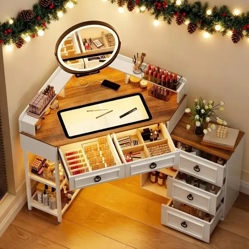 Corner Vanity Desk with Rotating Mirror and Lights Glass Top White