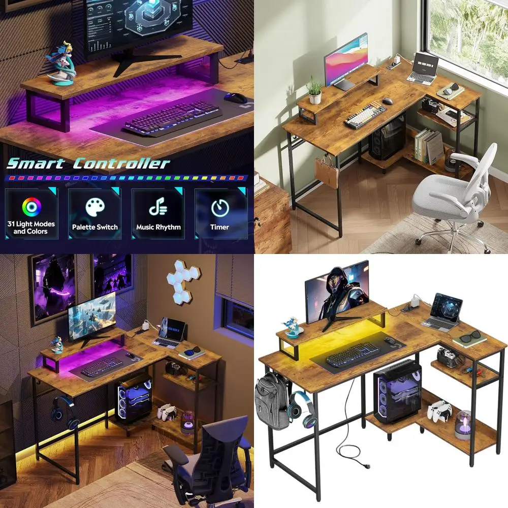 

47 Inch L Shaped Gaming Desk with LED Lights & Power Outlets, Corner Desk for Small Spaces, Sturdy PC Computer Table with Storag