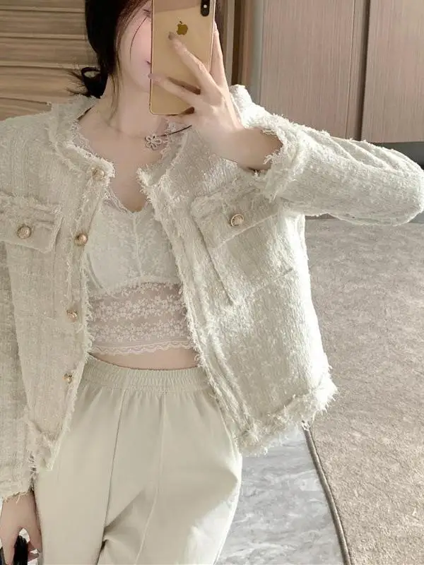Elegant Short Tweed Jacket Women's Spring Autumn Slimming Open Cardigan Top Luxury Style Polyester Fiber round Neck Button Cl...