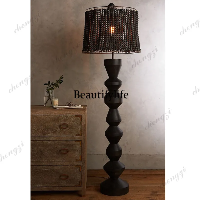 French wood floor lamp feeling handmade beaded lampshade creative retro villa folk living room bedroom table lamp