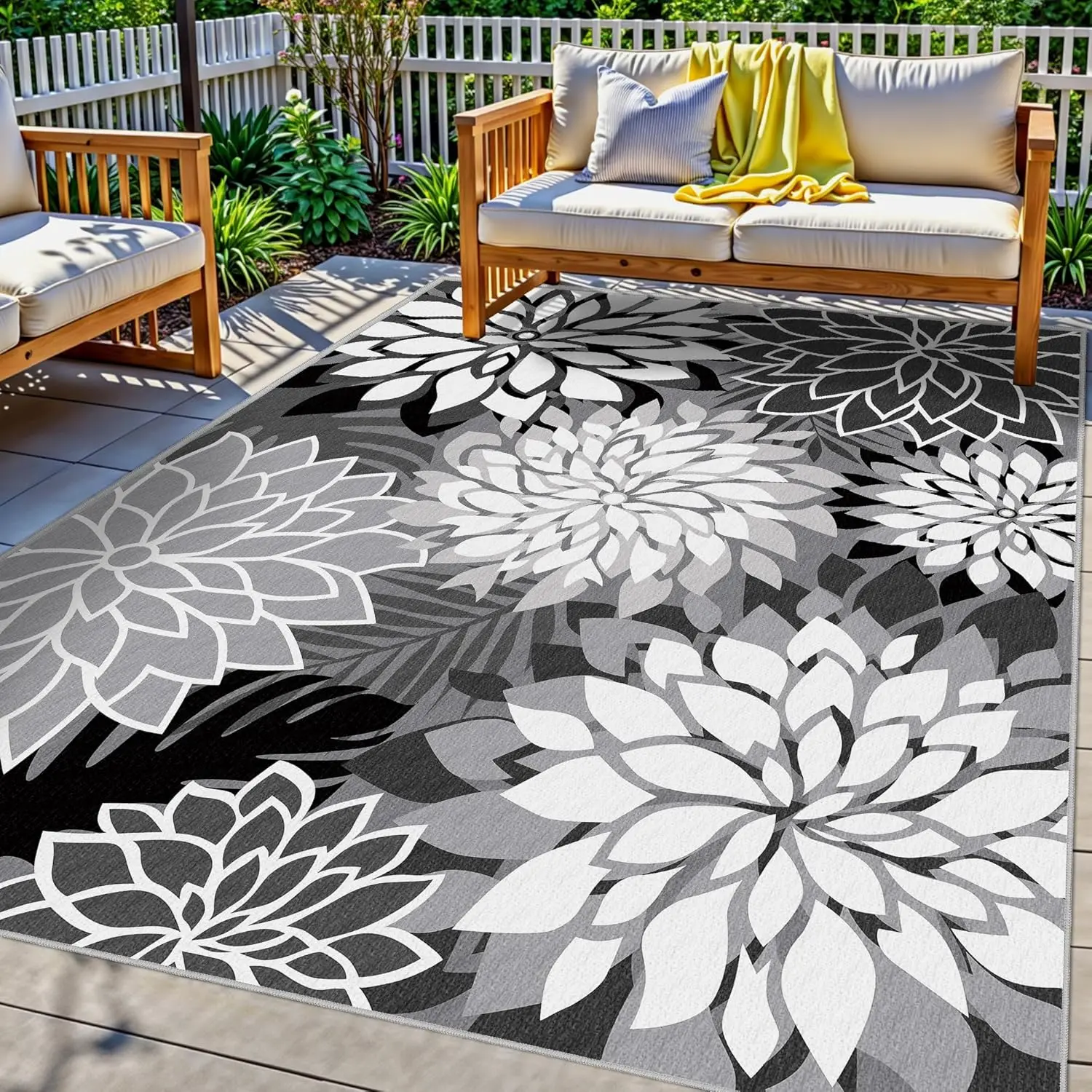 

5x8 Outdoor Area Rug Washable Multicolored Patio Rug Tropical Botanical Floral Chenille Waterproof Outdoor Carpet for Living