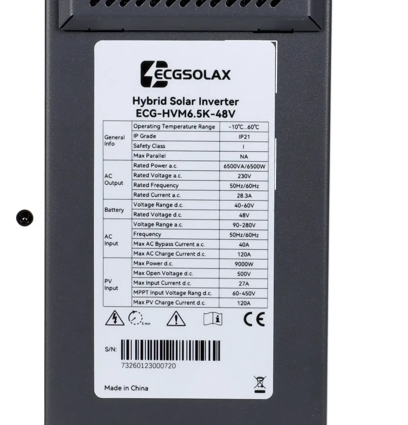 ECGSOLAX 6.5KW 48V Solarny Inwerter Hybrydowy 220Vac z MPPT 120A, Wbudowany, Inwerter Hybrydowy Off Grid