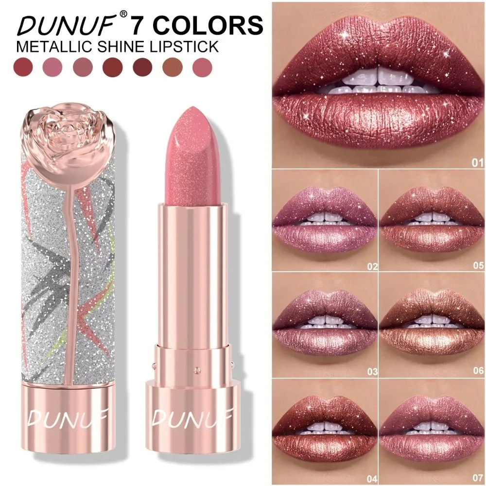 New 7 Colors Metallic Lipstick Floral Embossed Pearl Pink Shimmer Lip Glaze Waterproof Pearlescent Lip Mud Cosmetic