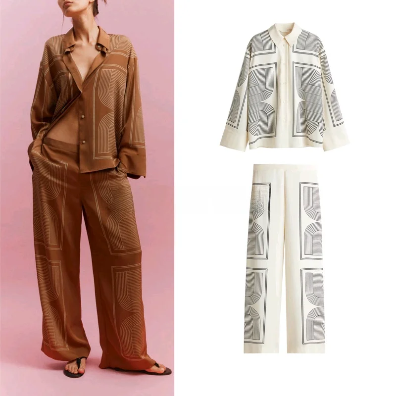 Celana panjang lurus pinggang tinggi bahan campuran linen tenun diagonal motif bunga longgar, set busana wanita premium