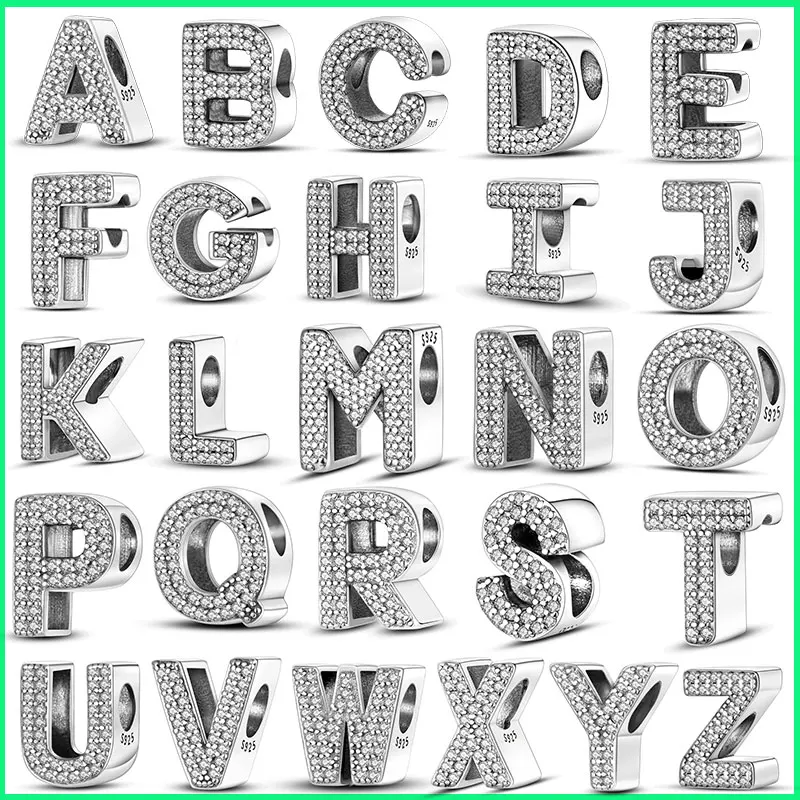 Fit Original Bangle Bracelet DIY A-Z Alphabet Charms Bead 925 Sterling Silver CZ Zircon LOVE Letter Dangle Pendant Jewelry Gift