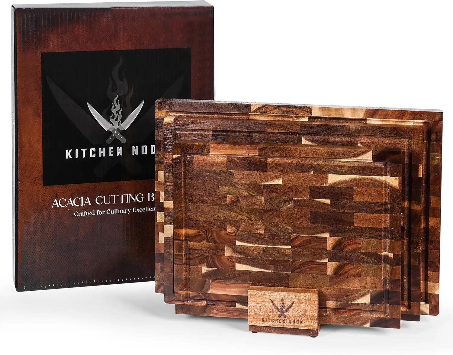 

Acacia Wood Cutting Board Set - 3 Piece Acacia Cutting Board with Holder, Knife Friendly, Dual Sided, Built-in Handles,