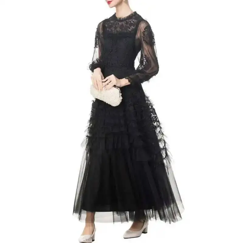 HKSH فستان نسائي أنيق برقبة دائرية وأكمام طويلة وكشكشة شبكية مطوي الخصر فساتين طويلة ربيع 2025 أنثى جديدة HK4081