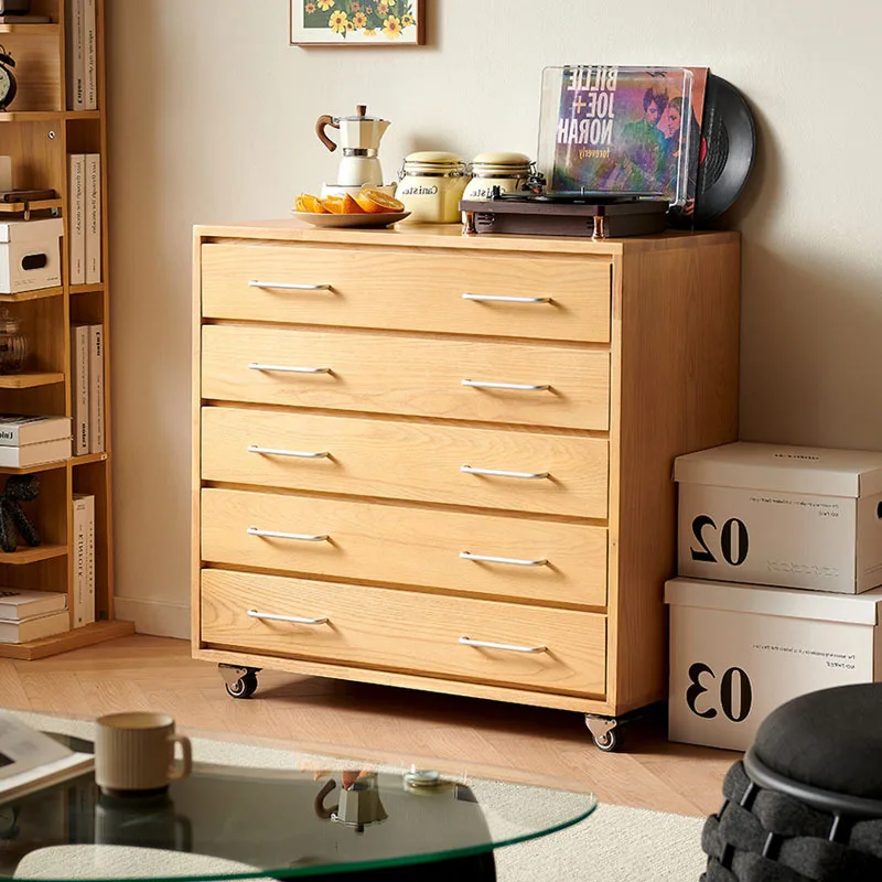 YJQ Natural Wood-Style Solid Wood Five-Drawer Cabinet for Living Room Sideboard Storage and Movable Drawer Cabinet