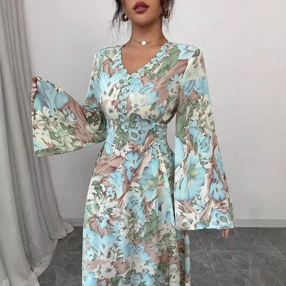 Faionable Bedruckter langer Sve Dr Ele A-Linien-Rock mit hoher Taille V-Ne Summer Commute Sle Chinesischer Hersteller