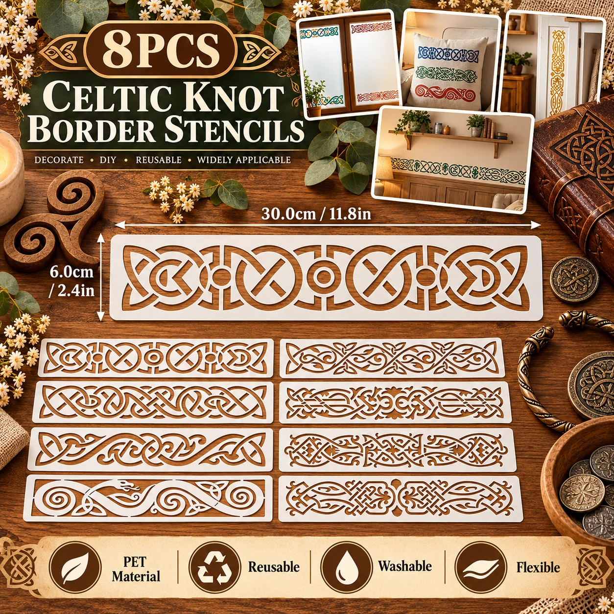 8Pcs Viking Celtic Border Stencils Reusable PET Stencils for Painting Norse Knot Pattern Wood Leather Wall Furniture DIY Decor