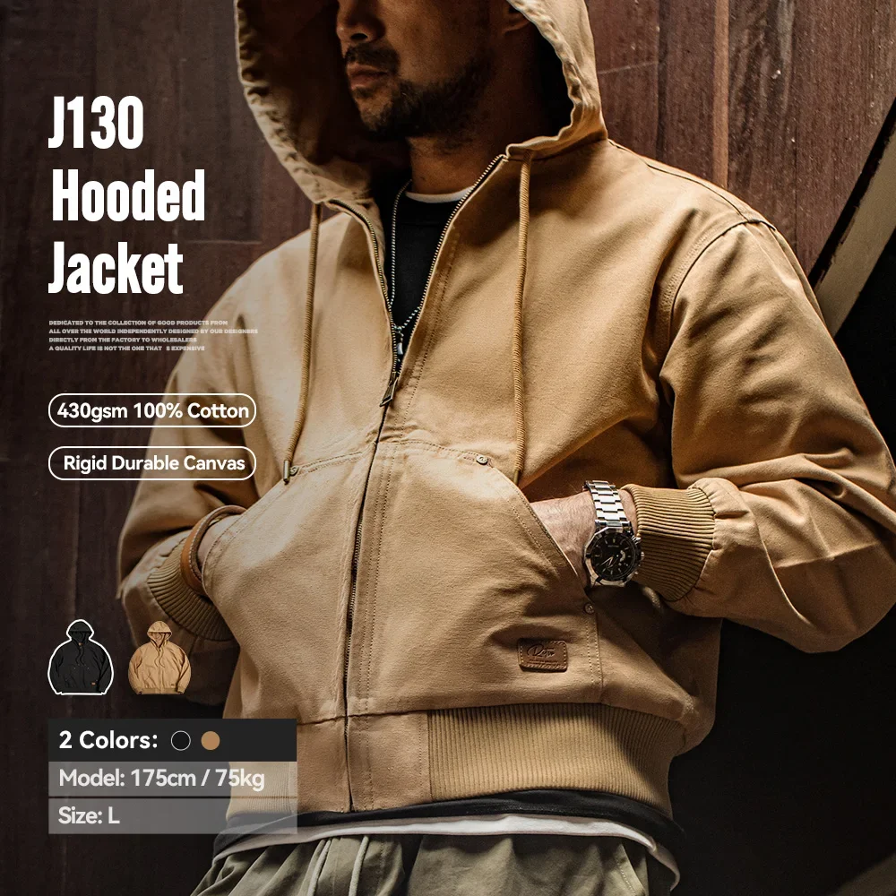 Canvas Classic Short Zip Front Solid Color Outerwear for Men Autumn Streetwear Coat  J130 Heavyweight Hooded Jacket