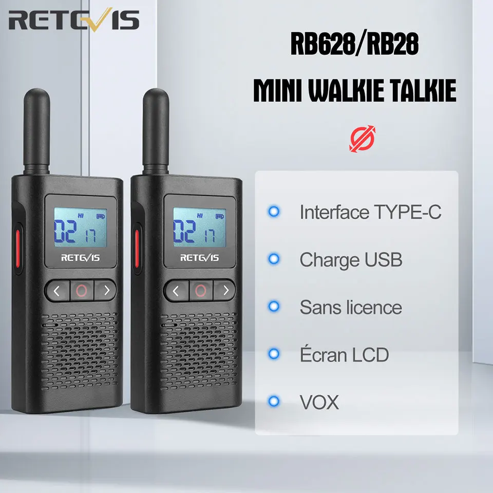 Retevis RB628 talkie-walkie Rechargeable 1500mAh Radios bidirectionnelles portables grand écran LCD d'urgence pour la chasse Camping (2 pièces)