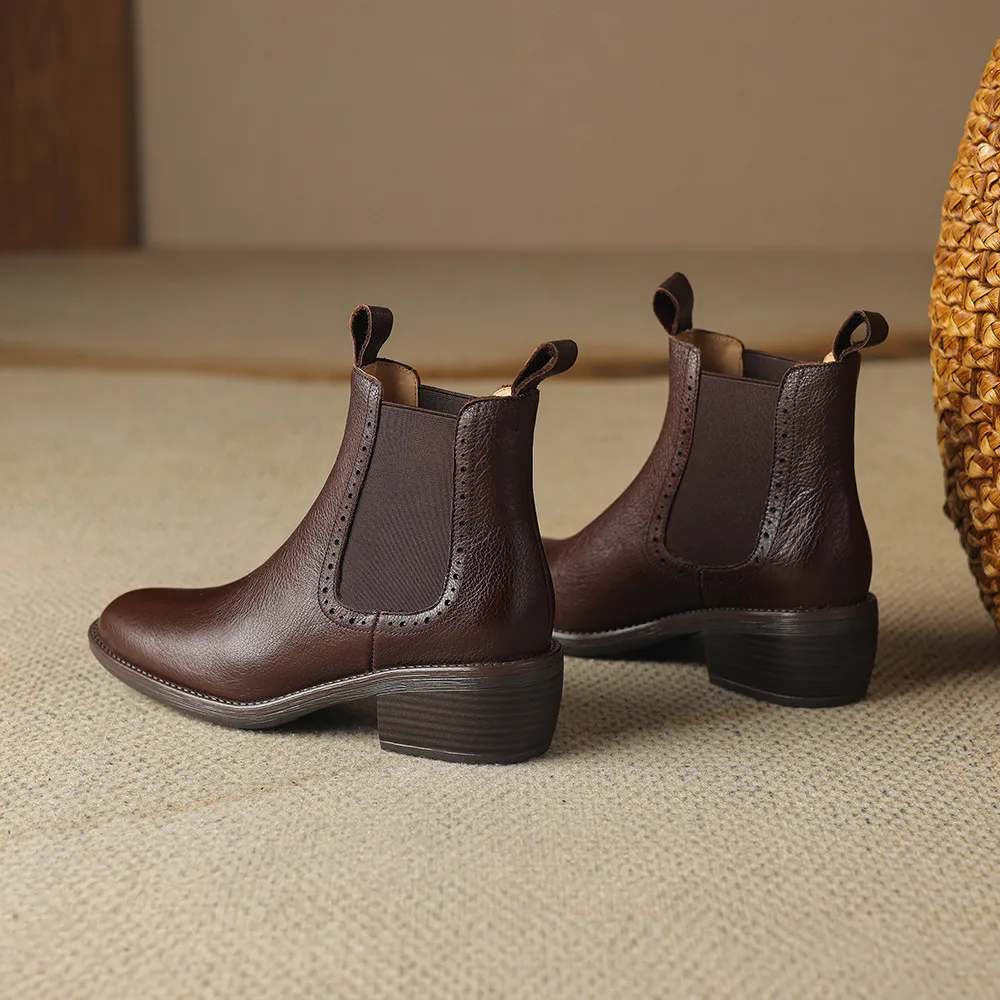 Aucegi شعبية النساء جلد طبيعي تشيلسي حذاء من الجلد جولة تو الانزلاق على شريط مرن حذاء بكعب سميك الحياة اليومية الأحذية المصنوعة يدويا #3