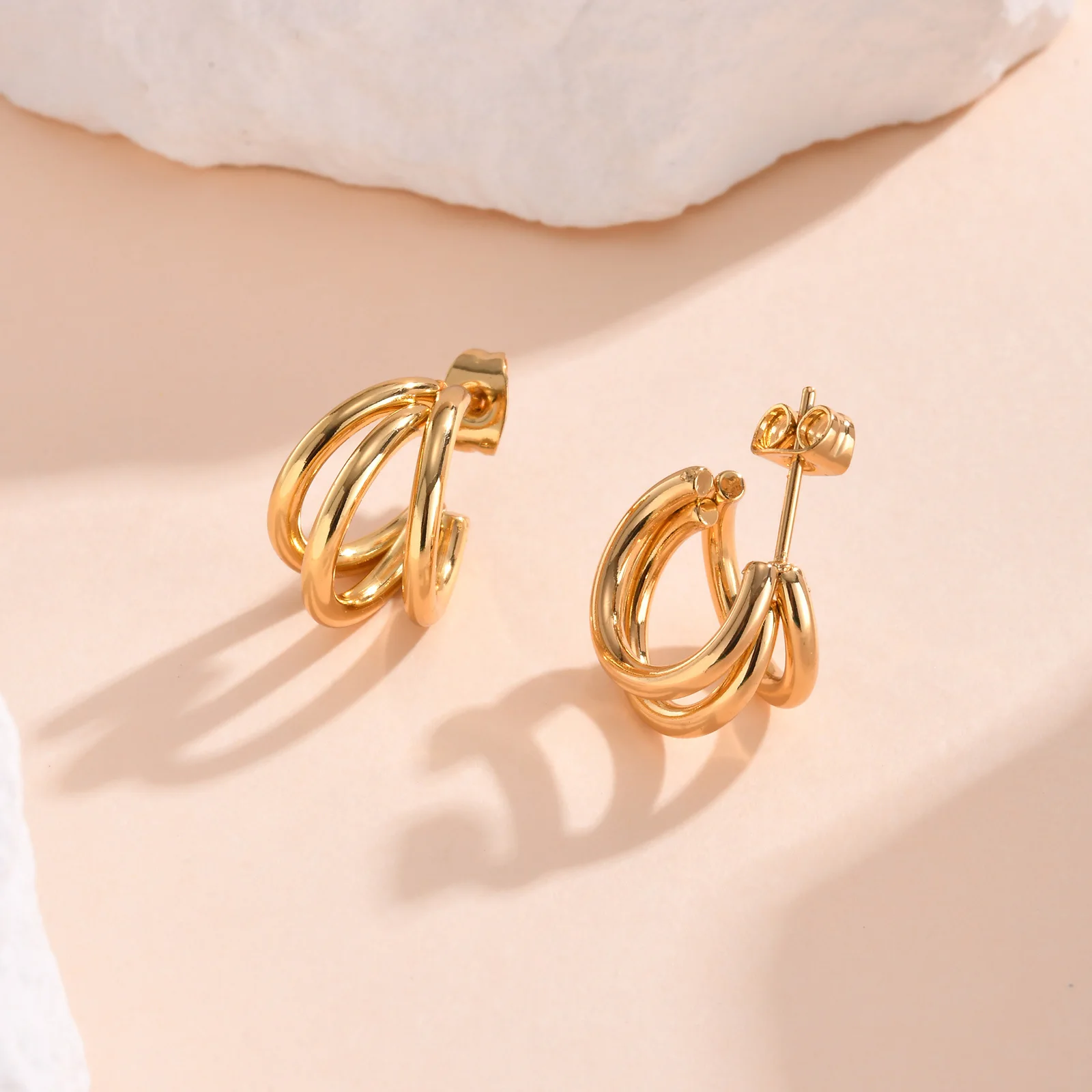 Open Triple Hoop Earring Women, Thick Three Open Chunky 18k Gold Plated Earrings Nickel-free