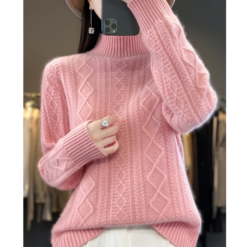 

Commuter Thickened Half High Neck 100% Pure Woolen Sweater Women's Twisted Flower Sweater Underlay Autumn and Winter New Style