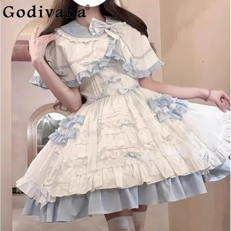 

Temperament Girl Blue White Sweet Ruffles Cape Versatile Dresses Age Reduction High Waist A-line JSK Princess Lolita Dress Sets
