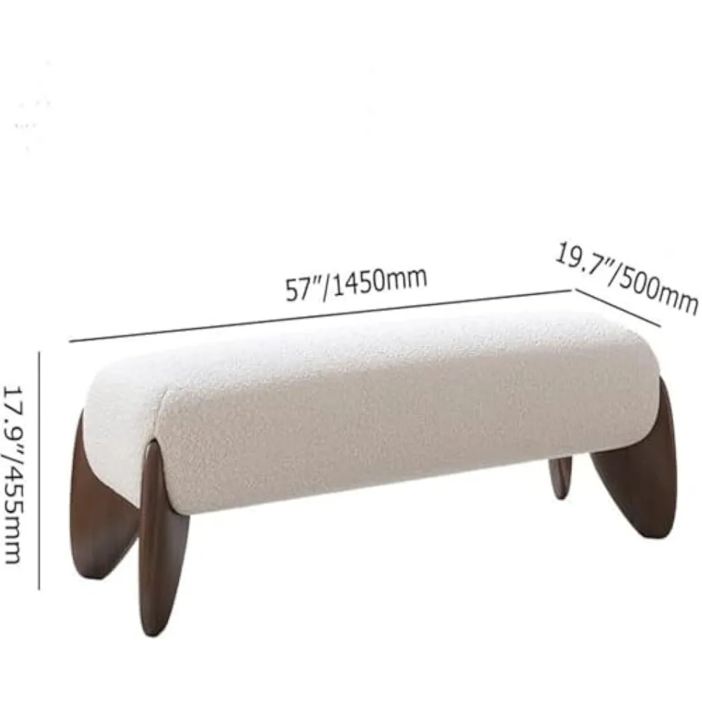Curva Boucle Upholstered Bedroom Bench – 57” Modern White Upholstered Bench with Solid Rubber Wood Legs, Backless End of Bed