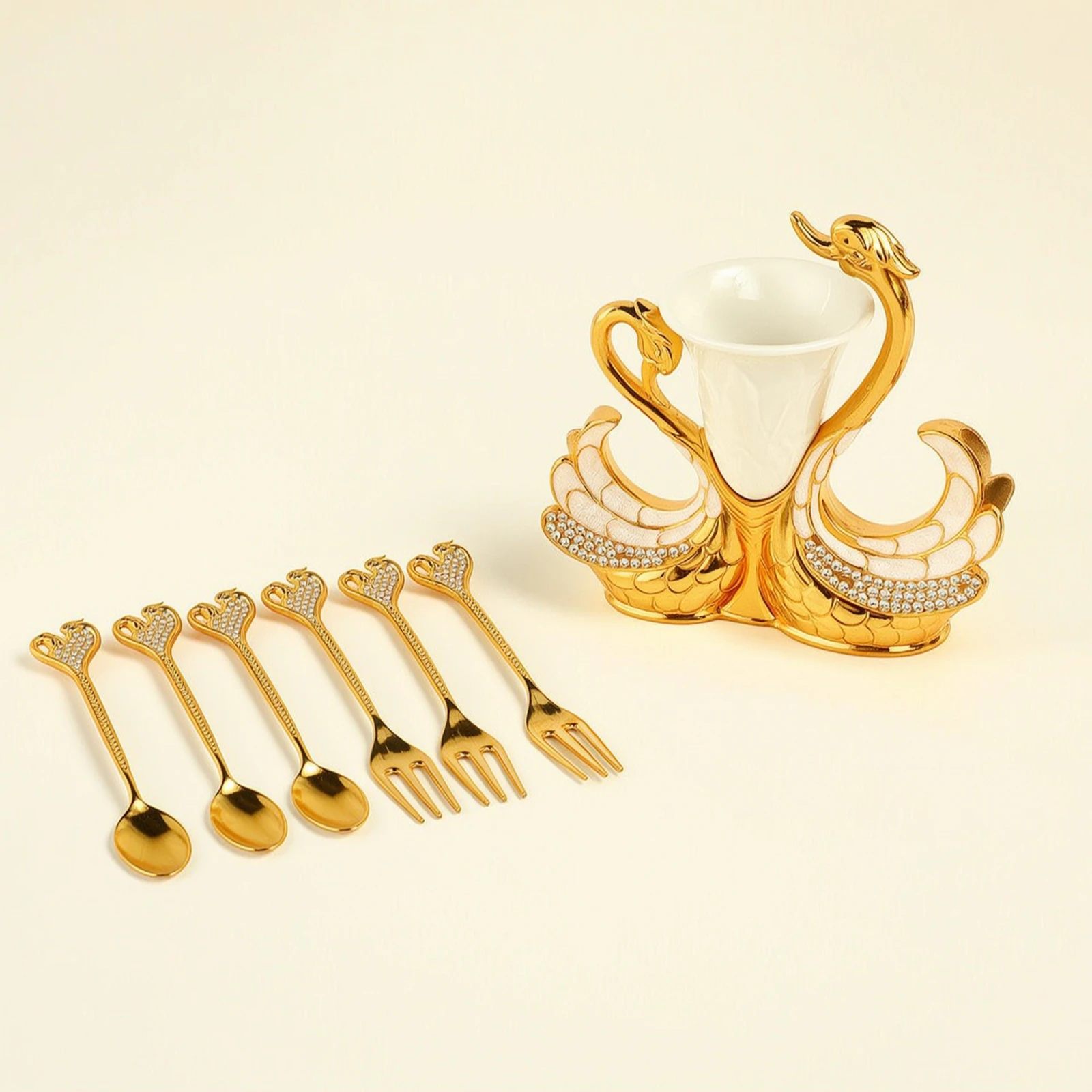 Swan Utensil Holder Gold-Tone Swan Holder with Cup Insert for Hosts, Dessert Table, Coffee Bar