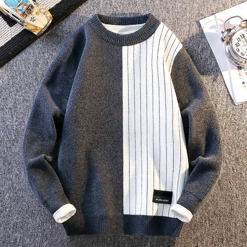 เสื้อสเวตเตอร์คอโอ แฟชั่นสีบล็อก อบอุ่น สำหรับฤดูใบไม้ร่วง/ฤดูหนาว ปี 2025 เสื้อไหมพรมถักสำหรับผู้ชาย สวมใส่สบายๆ อยู่บ้าน