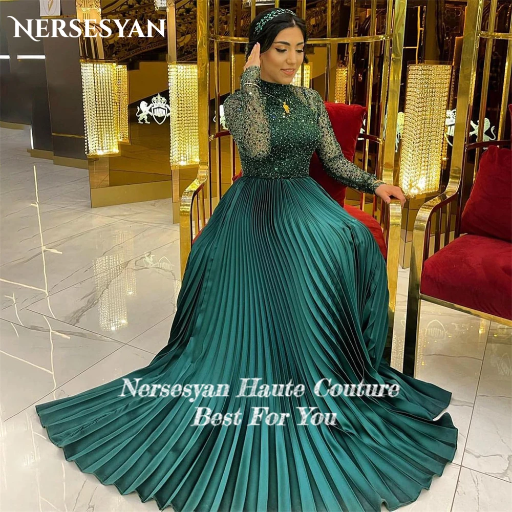 Nersesyan Dark Green Glitter Evening Dresses Elegant Pleated Sparkly Sleeves A-Line Formal Prom Dress Sequins 2024 Party Gowns