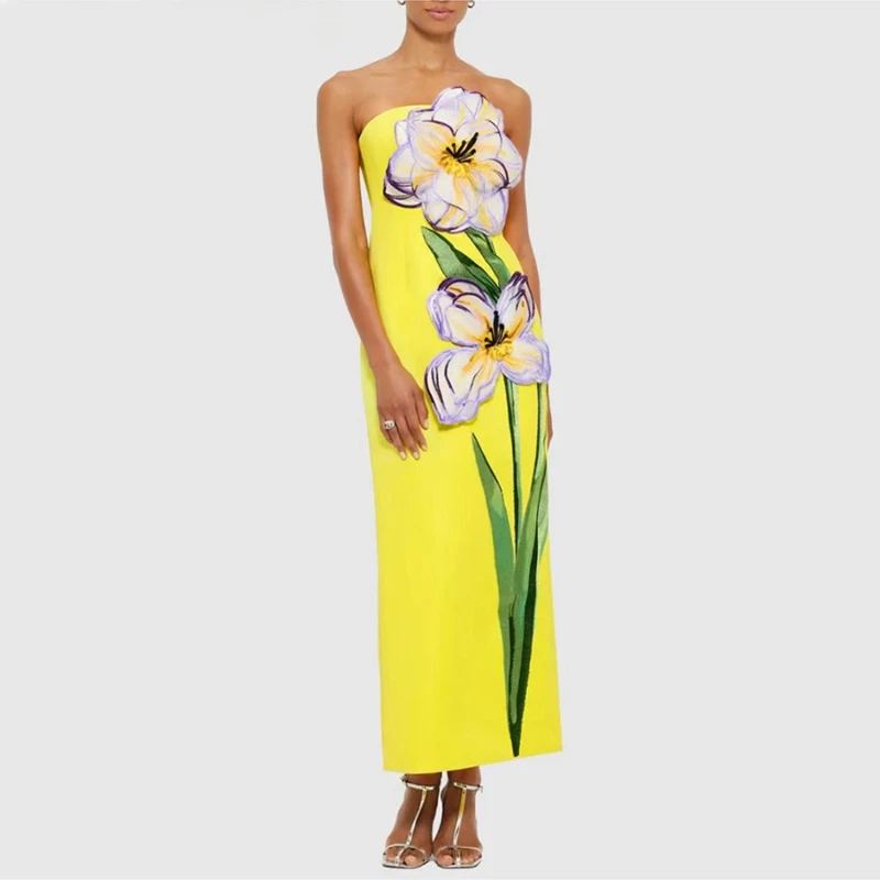 

Hit Color Spliced Appliques Slimming Dresses For Women Strapless Sleeveless High Waist Temperament Dress Female New