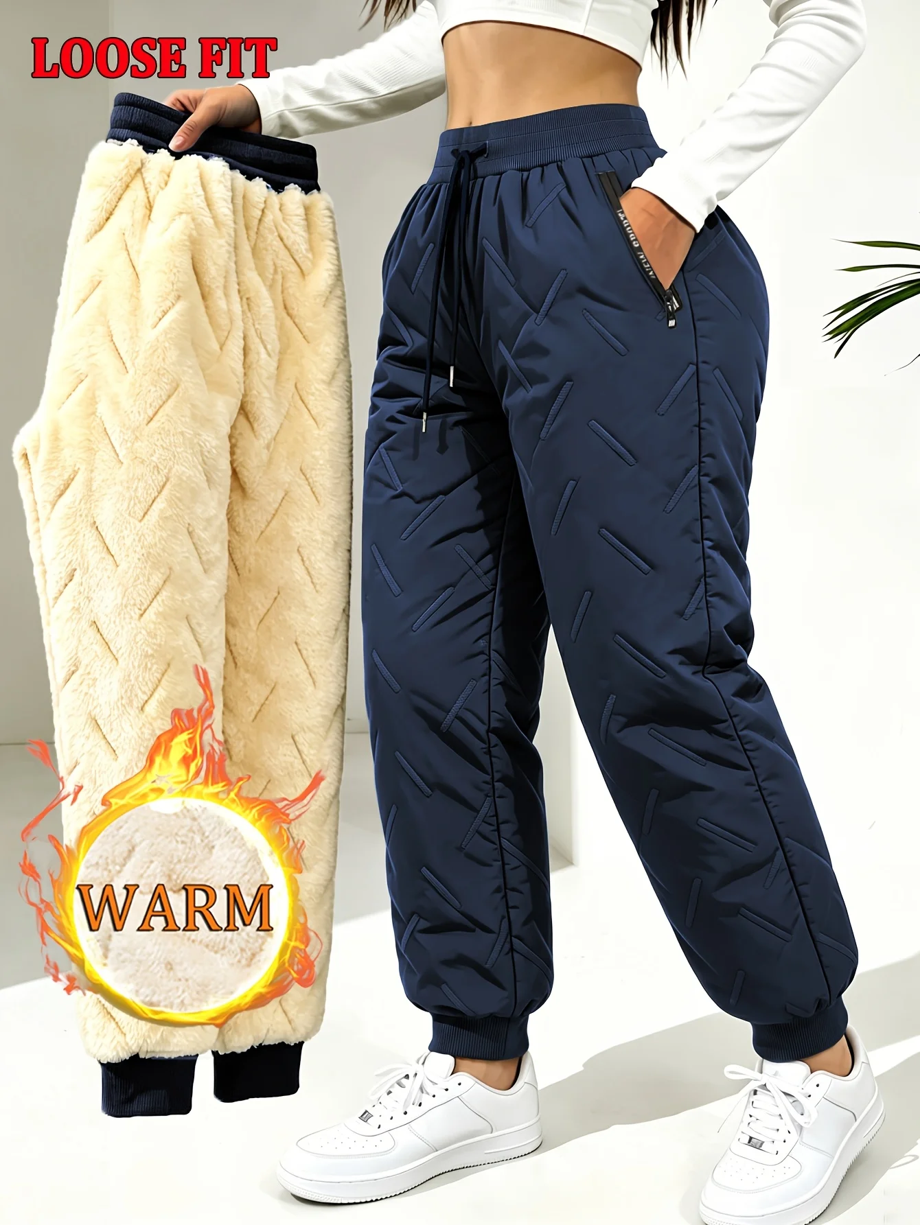Herren- und Damen-Winter-Fleece-Freizeithosen mit Reißverschlusstaschen für bequeme Passform, Baumwollhosen, winddichte Hosen – Detail 10