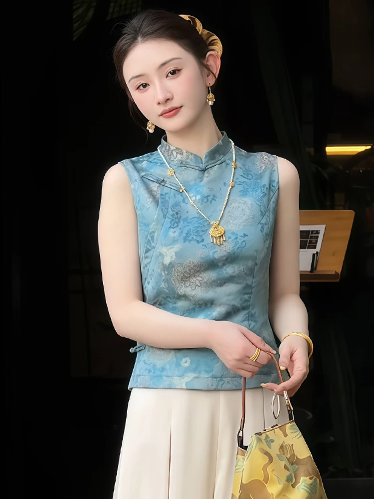 

Женская блузка с воротником-стойкой, приталенная, в новом китайском стиле, на пуговицах, удобная, дышащая, для повседневной носки...