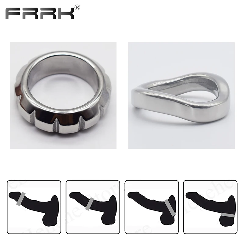 FRRK Metal Penis Rings Curve Cock Harness Male Chastity Bondage Belt Delay Ejaculation Device Steel Adults Sex Toys for Men