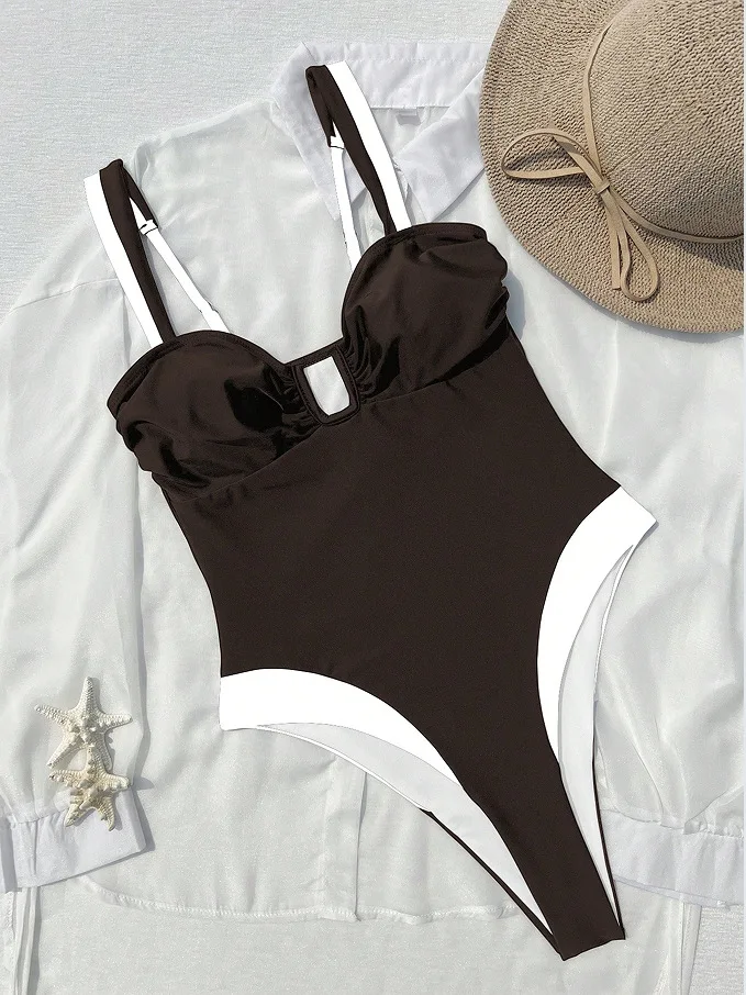 New Sexy Splicing One Piece Swimsuit Women High Cut Beach Swimwear Patchwork Cut Out Monokini High Waisted Bathing Suit Bather