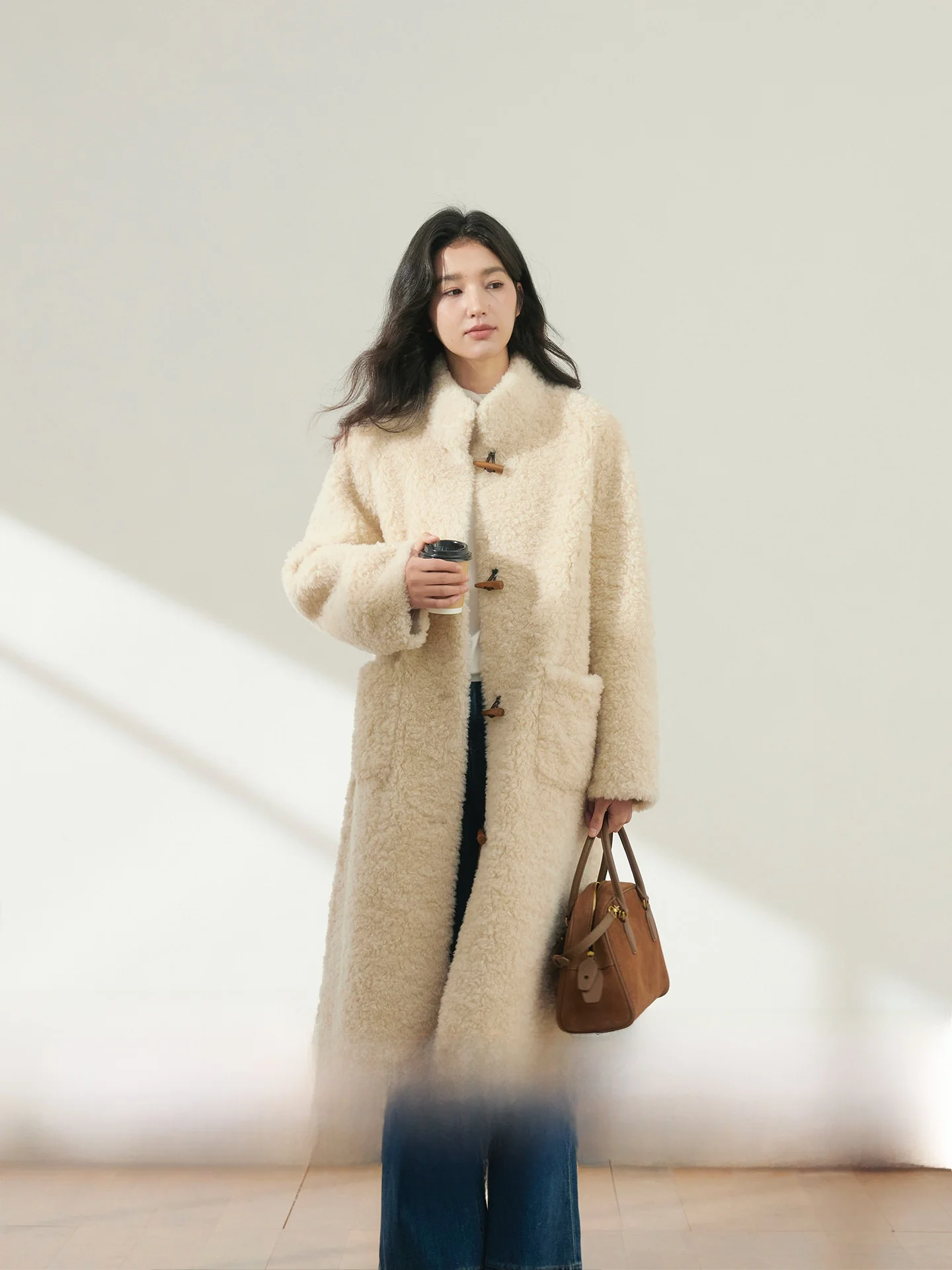 

Ginnkee Long Wool Cosite Leather Fur Coat Stand Collar French Sle Women's Winter Outerwear Long Sve Button Closure