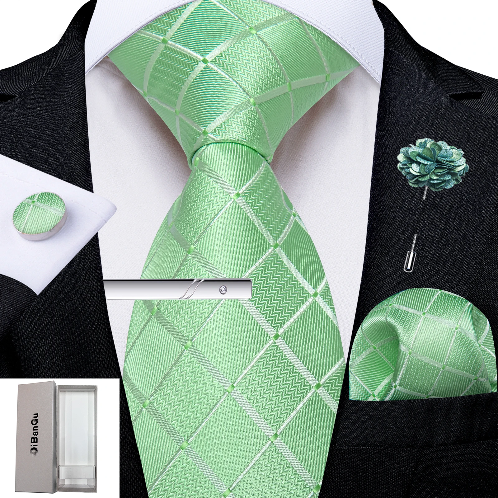 Green Men\'s Ties Luxury Floral Solid Silk Ties Business Formal 150cm Necktie Pocket Square Cufflink Suits Accessory