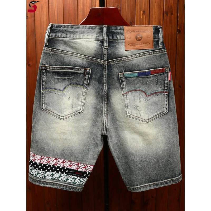 Summer Trendy Denim Shorts Men Fashion High-End Embroidered Flower Hole Patch Retro Slim Fit Straight Leg Casual Five Point Jean