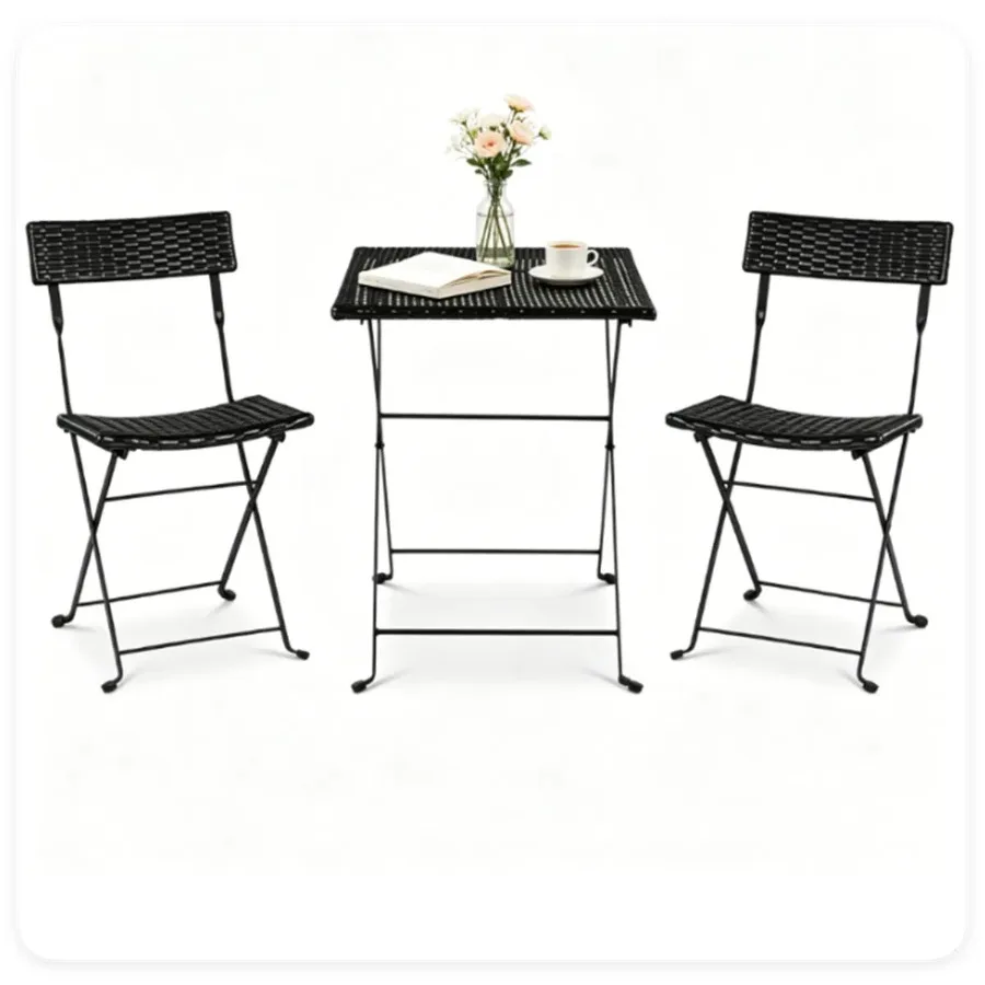 3 Piece Folding PE Rattan Bistro Set, Black Wicker Patio Dining Set with 1 Coffee Table and 2 Ergonomic Chairs, Foldable Outdoo