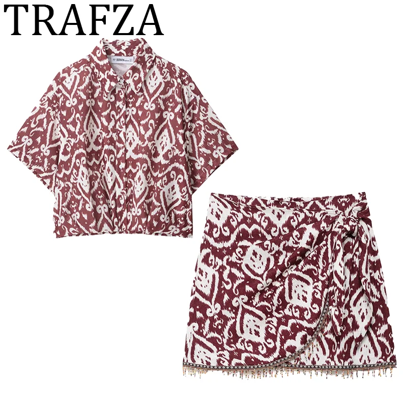

TRAFZA Print Skirts Sets For Women 2 Pieces 2025 Fashion Short Sleeve Shirt+Bead Skirt Women's Suit Two Piece Set Women Outfit