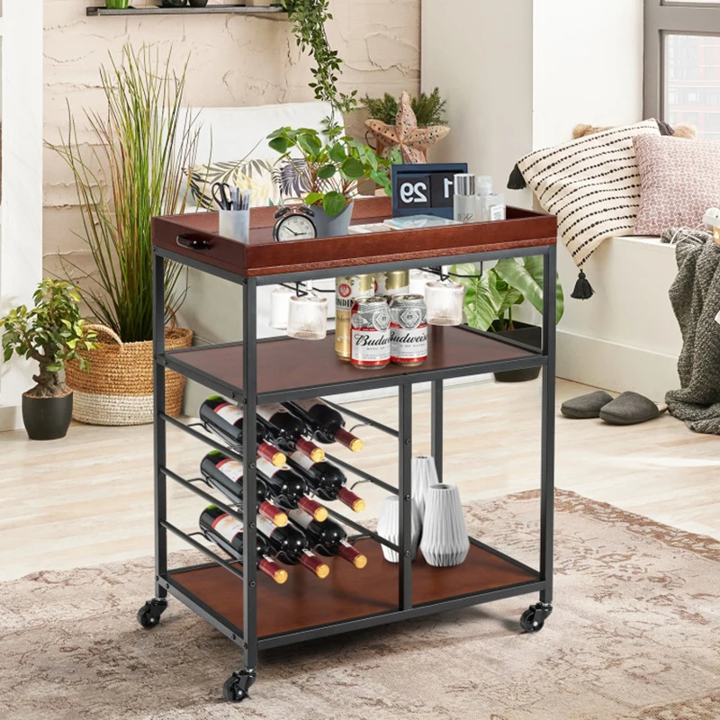 Sturdy and durable 3-Tier ample storage shelves Trolley 3 Tiers Storage Bar Serving Cart with Wine Rack