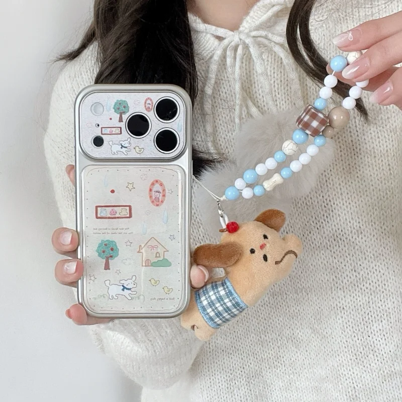 

Fashion Plating Cute Cartoon Puppy Phone Case For iPhone 17 Pro 16 15 14 Pro Max Back Cover with Plush Pendant Chain Hard Cases