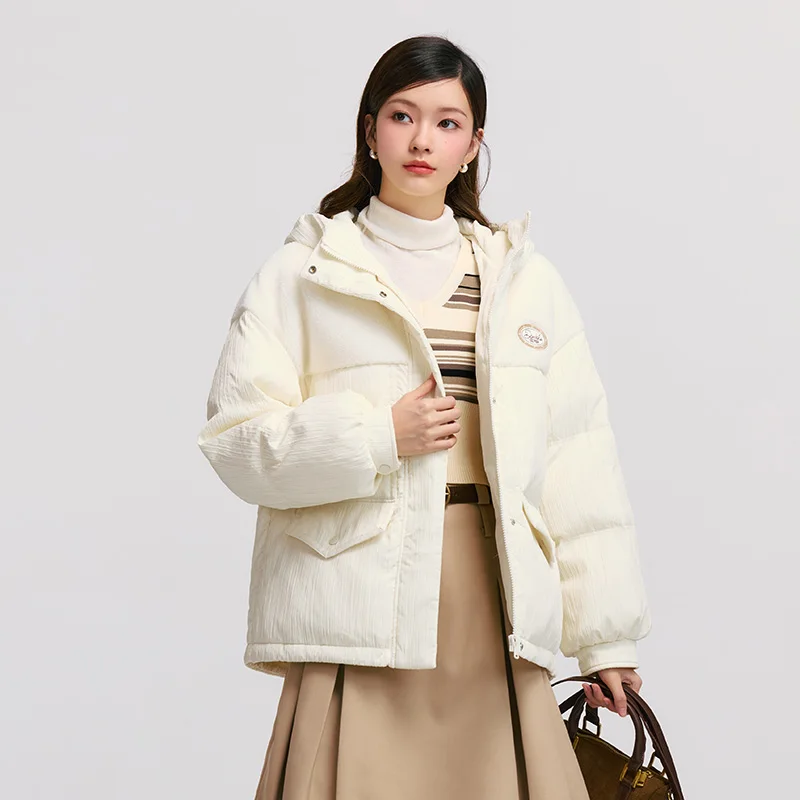 Semir Down Jacket Women Loose Spliced Imitation Lamb Wool Top Personality Winter Hooded Texture White Coat