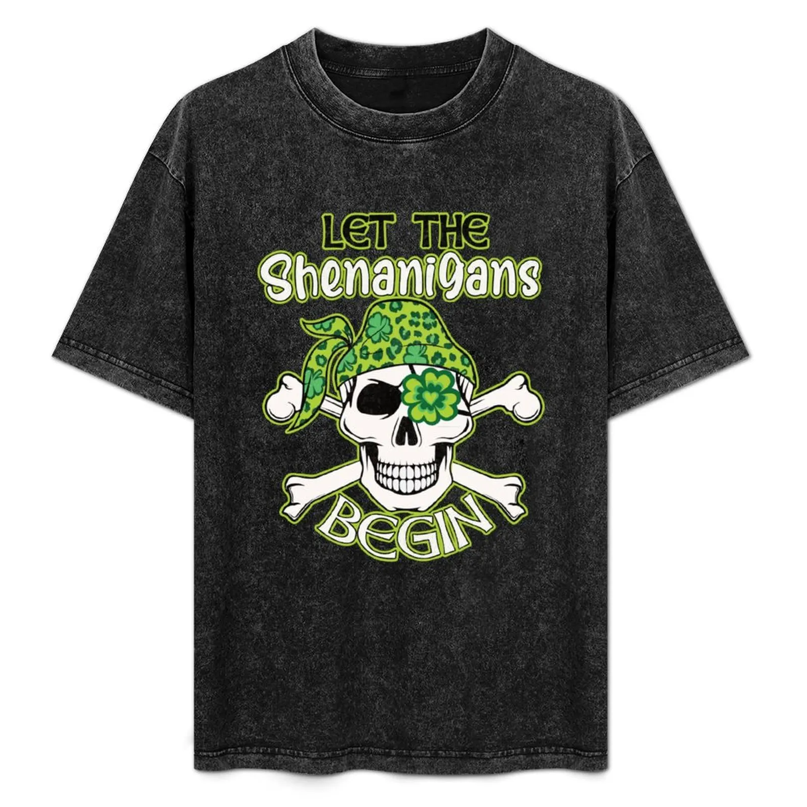 

Let the Shenanigans Begin Grinning Skull and Crossbones with Shamrock eyepatch T-Shirt shirts graphic t shirts men