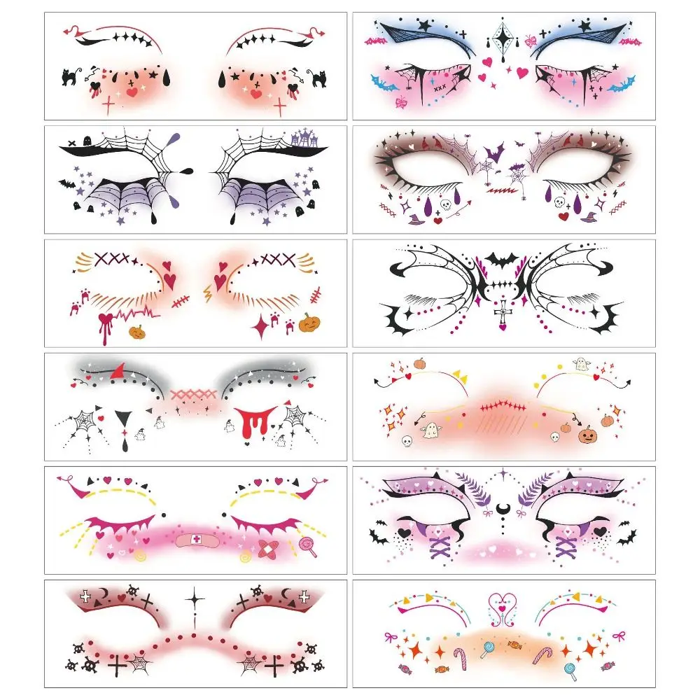 12pcs Disposable Halloween Face Tattoo Portable Long-acting Cheek Temporary Stickers Terrifying Transparent Bat Face Stickers