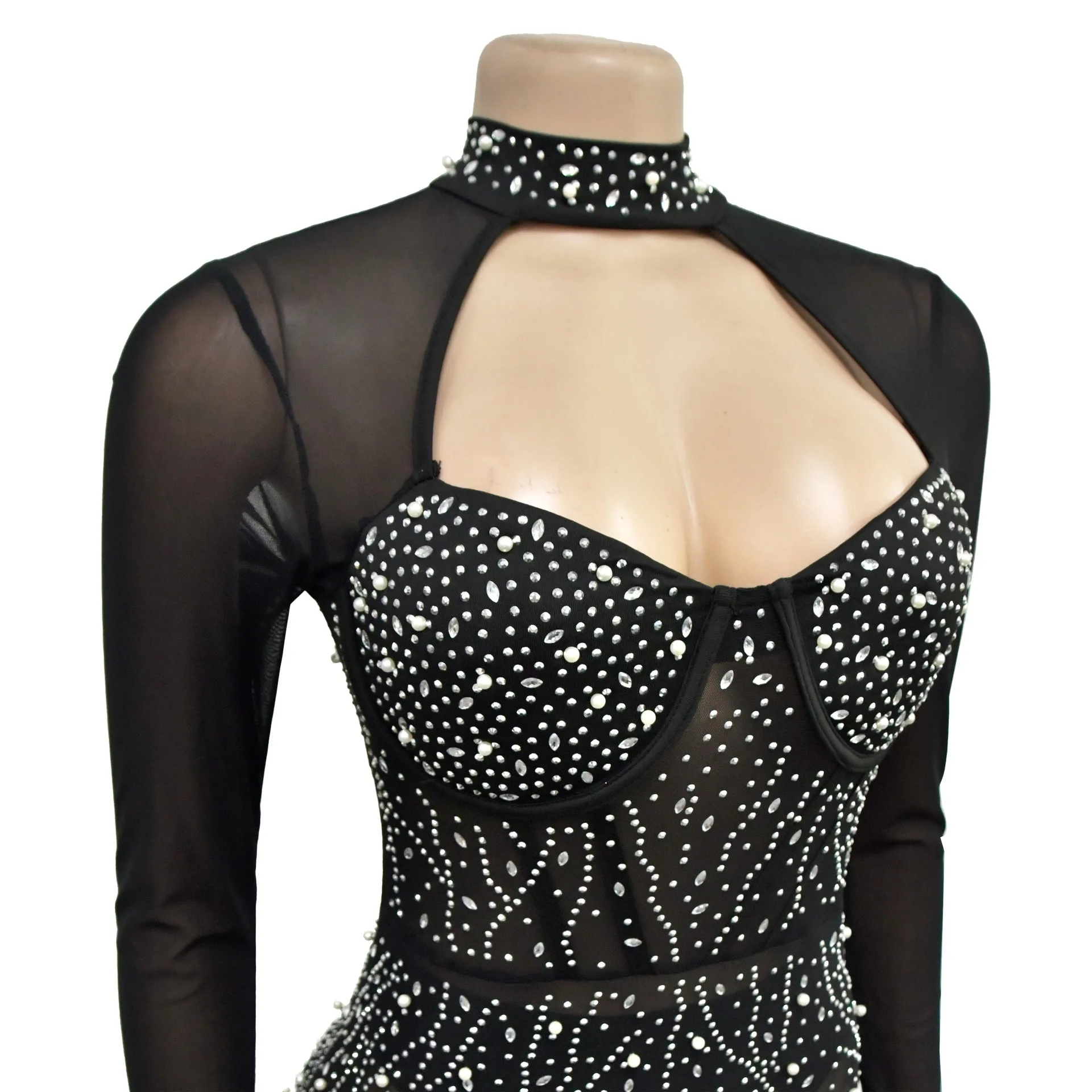 Sexy Party Party Club Nightclub Banquet Solid Color Mesh Stamping Drill Long Sleeve Pants Jumpsuit