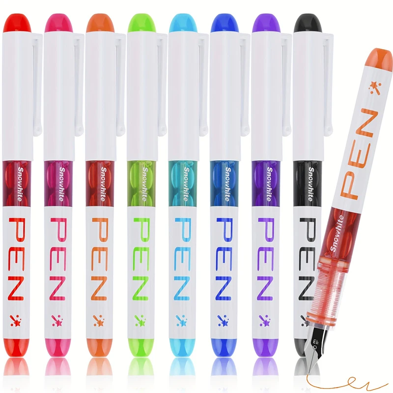 8pcs Disposable Fine Nib Fountain Pens Assorted Colors Smooth Writing Flow Visible Ink Supply Plastic Material EF