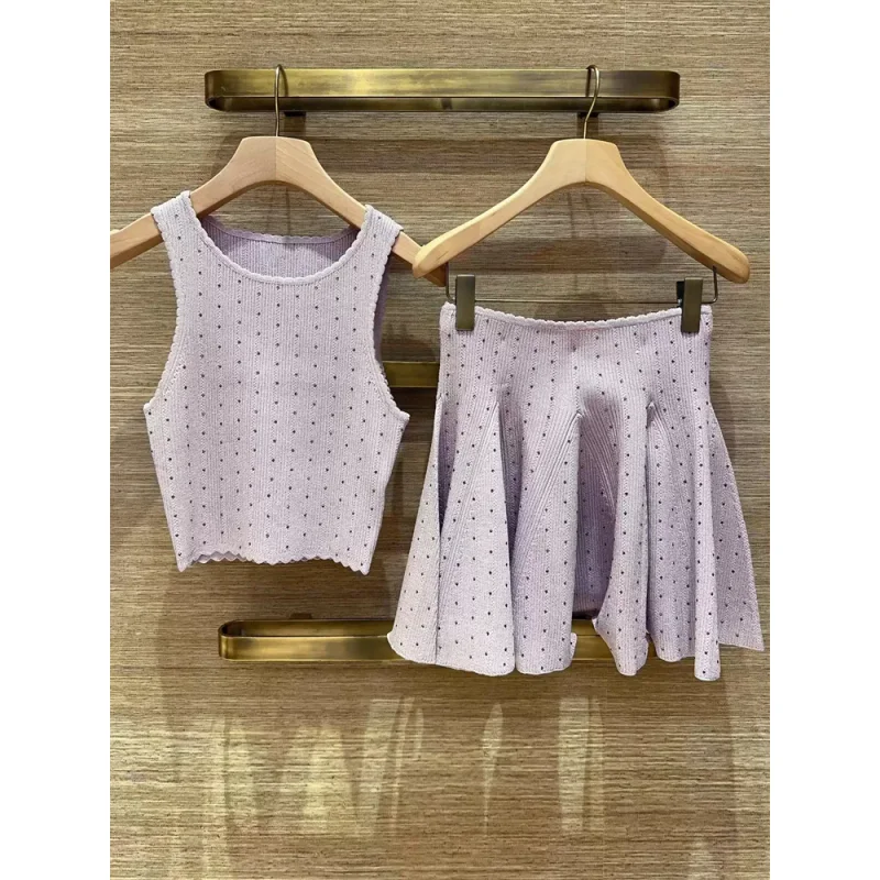Early Spring Female Solid Color Hot Diamond Sleeveless Knitted Top+Ruffle Mini Skirt