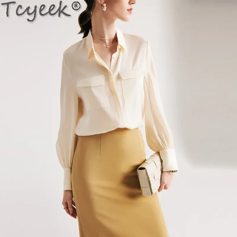 Tcyeek90 % Mulberry Blusa De Seda Mulheres 2023 Manga Longa Tops Camisa De Seda Moda Coreana Camisas de Cor Sólida Senhoras Blusas Top Mujer