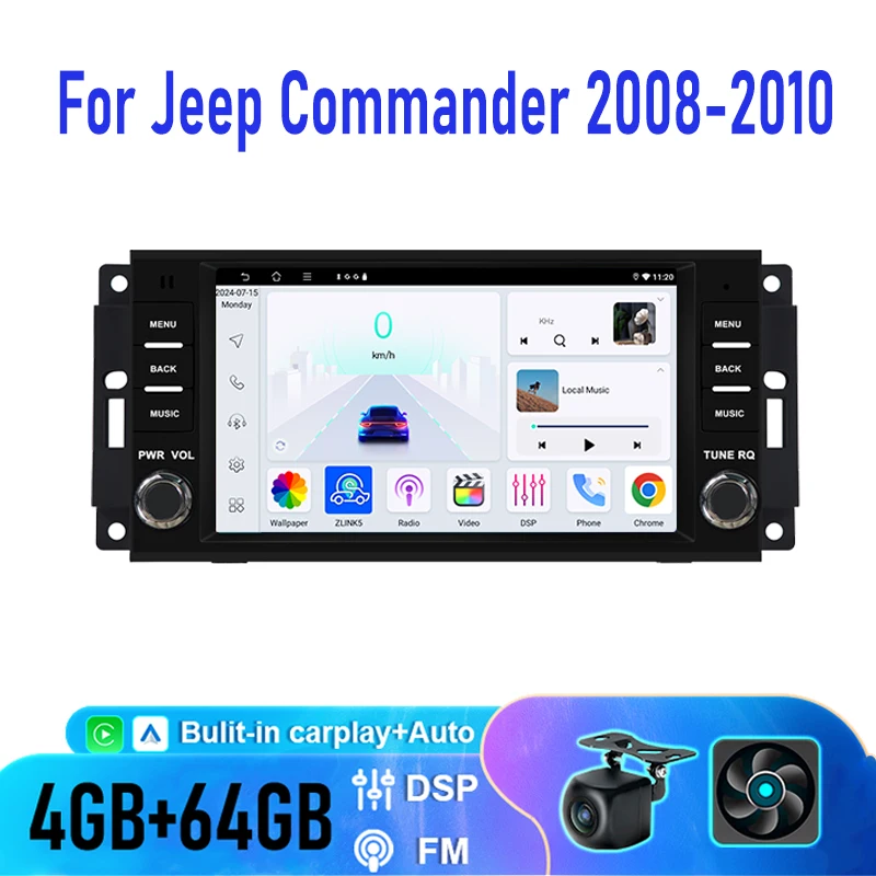 7” 4+64GB For Jeep Commander 2008-2010 Car Radio Head Unit Wireless Carplay Android 15 Auto Steering wheel control GPS BT